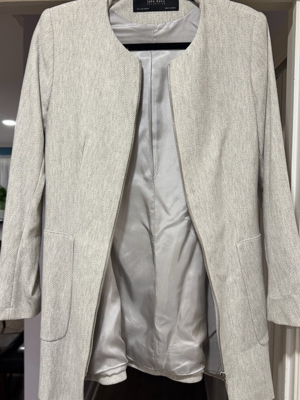 Zara Basic Light Gray Textured Coat with Black Trim